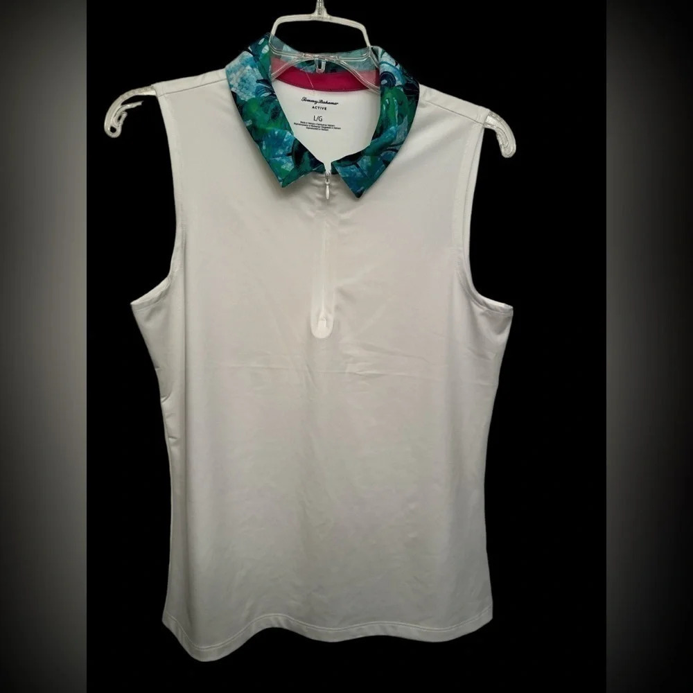 Tommy Bahamas white sleeveless active shirt with tropical flower collar